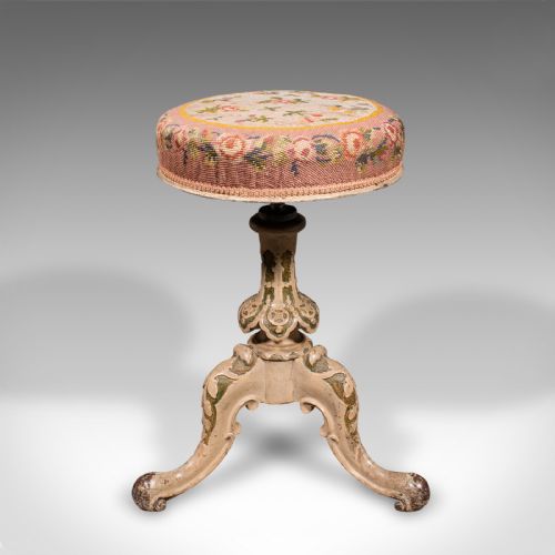 fig 2. Antique Piano Stool, English, Painted Frame, Music Seat, Riser, Victorian, 1850