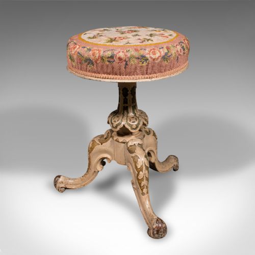 fig 3. Antique Piano Stool, English, Painted Frame, Music Seat, Riser, Victorian, 1850
