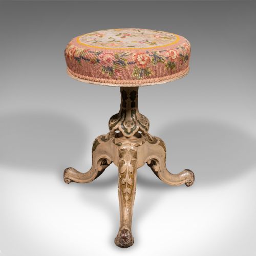 fig 4. Antique Piano Stool, English, Painted Frame, Music Seat, Riser, Victorian, 1850