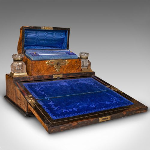fig 1. Antique Desktop Writing Slope, English Burr Walnut Correspondence Box, Victorian