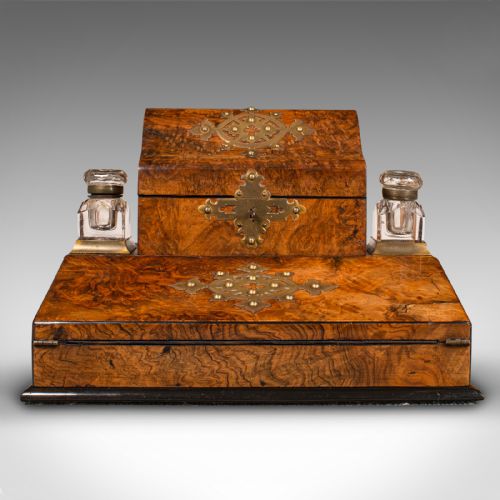 fig 2. Antique Desktop Writing Slope, English Burr Walnut Correspondence Box, Victorian