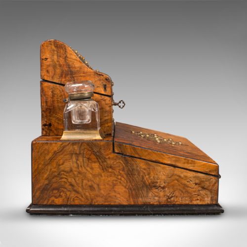 fig 3. Antique Desktop Writing Slope, English Burr Walnut Correspondence Box, Victorian