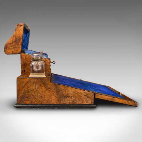 fig 4. Antique Desktop Writing Slope, English Burr Walnut Correspondence Box, Victorian