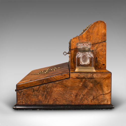 fig 5. Antique Desktop Writing Slope, English Burr Walnut Correspondence Box, Victorian