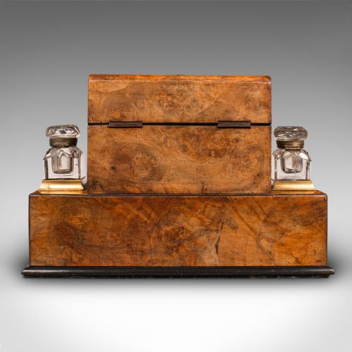 fig 6. Antique Desktop Writing Slope, English Burr Walnut Correspondence Box, Victorian