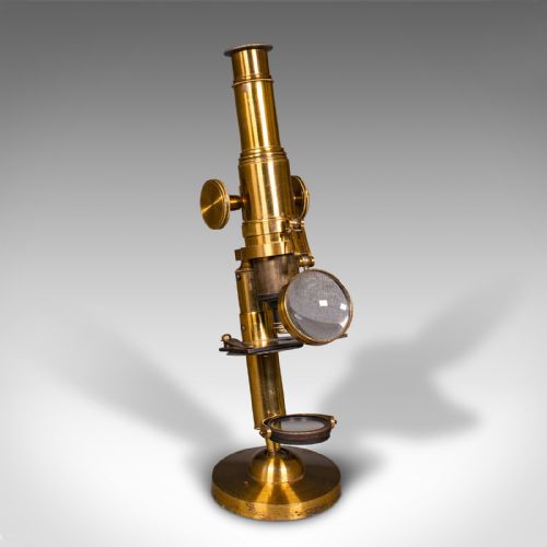 fig 1. Antique Cased Scholar's Microscope, English, Brass Scientific Instrument, C.1920