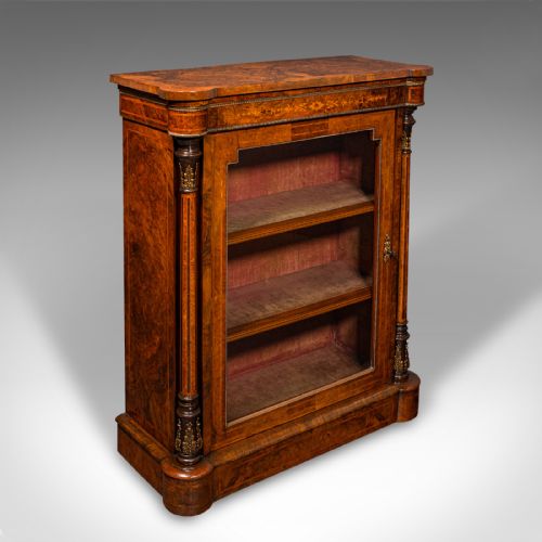 Antique Pier Display Cabinet, English Walnut, Boxwood, Glazed Bookcase, Regency