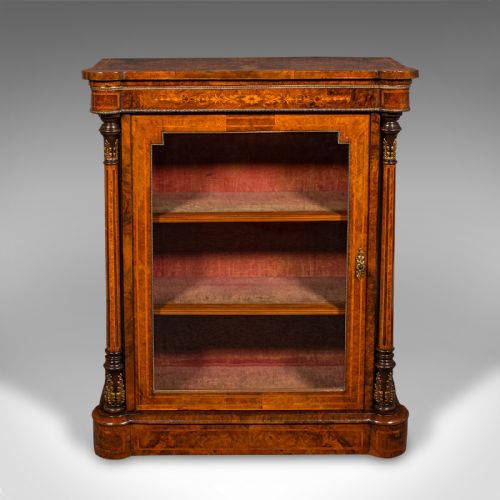 fig 3. Antique Pier Display Cabinet, English Walnut, Boxwood, Glazed Bookcase, Regency