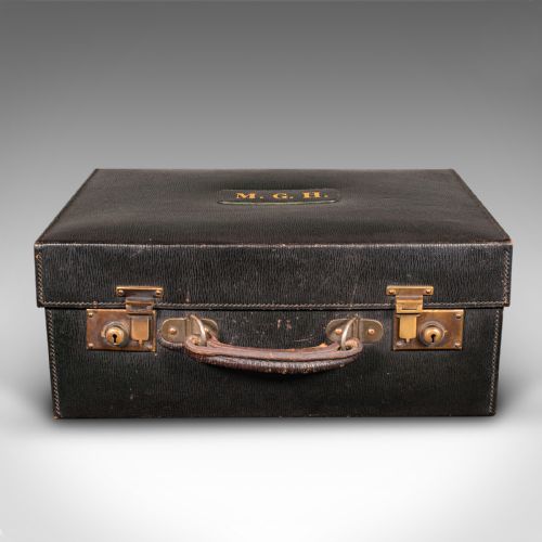 ANTIQUE TRAVELLING VANITY CASE ENGLISH LEATHER SILVER DRESSING TABLE BOX - ADDITIONAL PHOTO 1