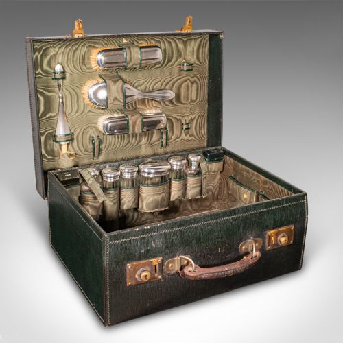 ANTIQUE TRAVELLING VANITY CASE ENGLISH LEATHER SILVER DRESSING TABLE BOX - ADDITIONAL PHOTO 3