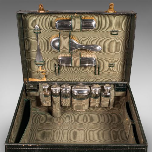 ANTIQUE TRAVELLING VANITY CASE ENGLISH LEATHER SILVER DRESSING TABLE BOX - ADDITIONAL PHOTO 6