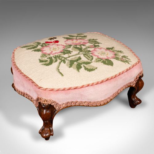 Small Antique Footstool, English, Walnut, Low Fireside Footrest, Early Victorian
