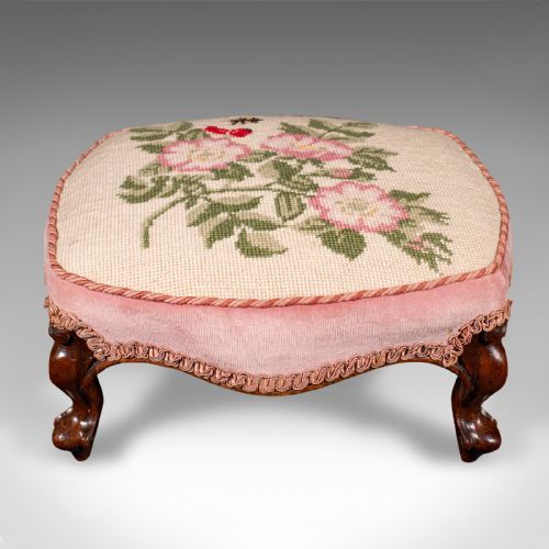 fig 1. Small Antique Footstool, English, Walnut, Low Fireside Footrest, Early Victorian

