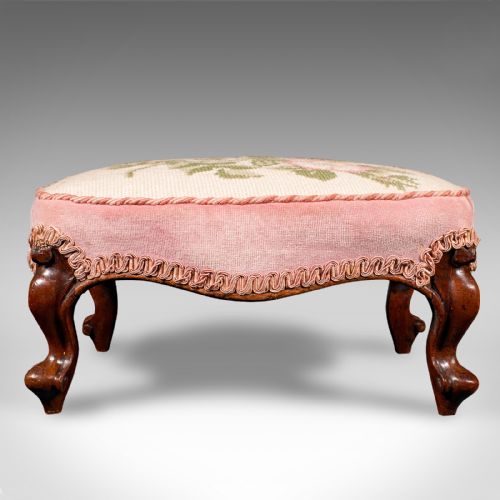 fig 2. Small Antique Footstool, English, Walnut, Low Fireside Footrest, Early Victorian
