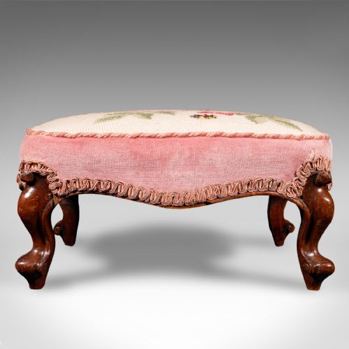 fig 3. Small Antique Footstool, English, Walnut, Low Fireside Footrest, Early Victorian

