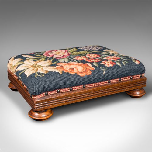 Antique Footstool, English, Needlepoint, Fireside Footrest, Stool, Victorian