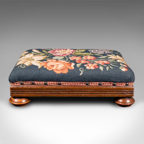 fig 1. Antique Footstool, English, Needlepoint, Fireside Footrest, Stool, Victorian