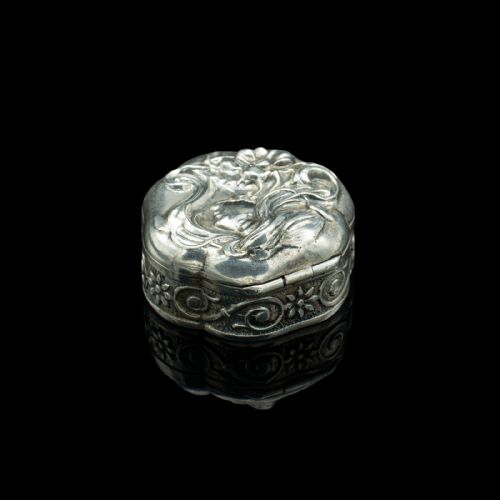 fig 3. Small Antique Art Nouveau Pill Box, Continental, Silver, Pocket Case, Victorian