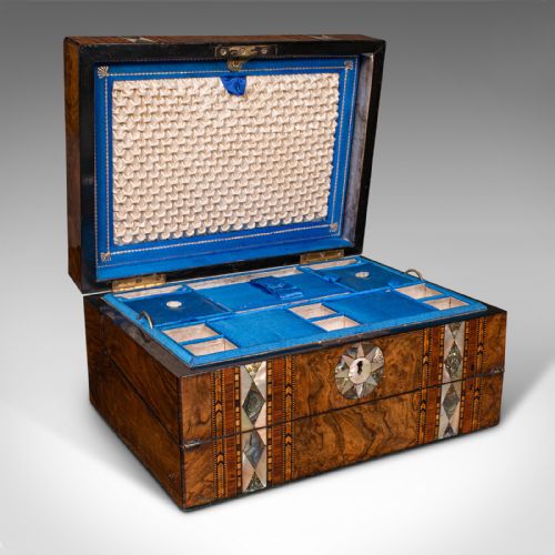 fig 2. Antique Ladies Utility Box, English, Burr Walnut, Writing Slope, Sewing, Regency
