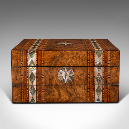 fig 3. Antique Ladies Utility Box, English, Burr Walnut, Writing Slope, Sewing, Regency