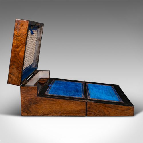 fig 6. Antique Ladies Utility Box, English, Burr Walnut, Writing Slope, Sewing, Regency