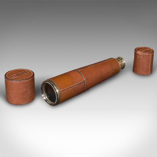 fig 5. Antique 3 Draw Telescope, English, Brass, Leather, Terrestrial, Astro, Great War