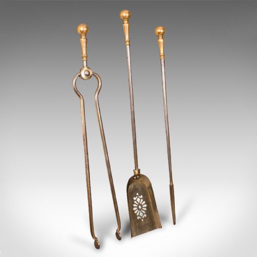 Antique Set of Fireside Tools, English, Brass, Shovel, Poker, Tongs, Georgian