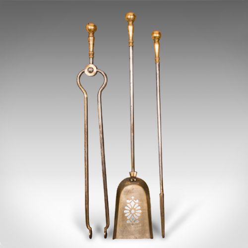 fig 1. Antique Set Of Fireside Tools, English, Brass, Shovel, Poker, Tongs, Georgian