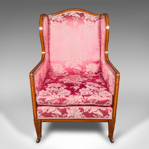 fig 1. Antique Wing Back Chair, English, Silk Cotton, Morning Room Armchair, Edwardian