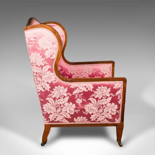 fig 2. Antique Wing Back Chair, English, Silk Cotton, Morning Room Armchair, Edwardian