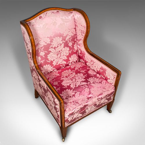 fig 4. Antique Wing Back Chair, English, Silk Cotton, Morning Room Armchair, Edwardian