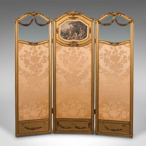 fig 1. Antique 3 Panel Dressing Screen, French, Giltwood, Room Divider, Victorian, 1900