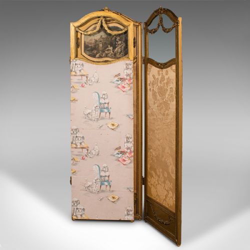 fig 2. Antique 3 Panel Dressing Screen, French, Giltwood, Room Divider, Victorian, 1900