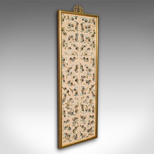 Antique Decorative Panel, Chinese, Framed, Silk Cotton, Embroidered, Victorian