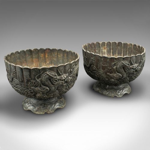 Pair of Antique Decorative Planters, Chinese, Jardiniere Pot, Dragons, Victorian