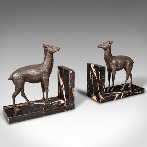 Pair of Antique Doe Bookends, English, Spelter Bronze Deer, Book Rest, Edwardian