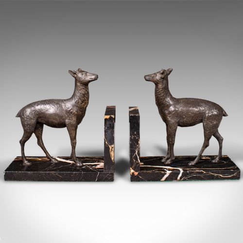 fig 1. Pair Of Antique Doe Bookends, English, Spelter Bronze Deer, Book Rest, Edwardian