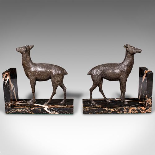 fig 2. Pair Of Antique Doe Bookends, English, Spelter Bronze Deer, Book Rest, Edwardian