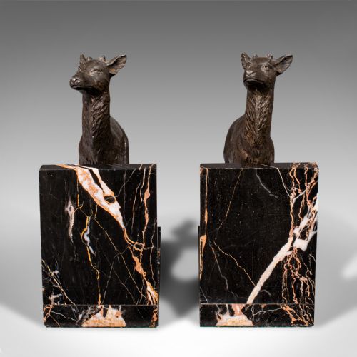 fig 3. Pair Of Antique Doe Bookends, English, Spelter Bronze Deer, Book Rest, Edwardian