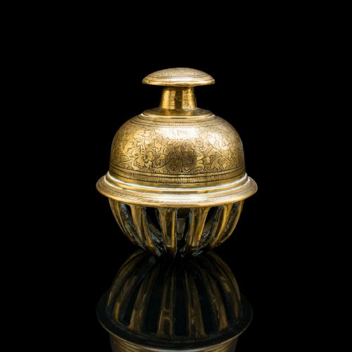 fig 1. Small Antique Temple Bell, Oriental, Brass Tea Calling Chime, Early 20th Century