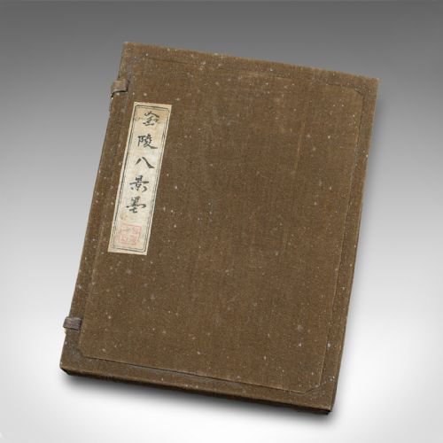 fig 1. An open fabric-lined box displaying a set of eight black Chinese ink blocks adorned with gold and green moulded architectural and figural motifs.