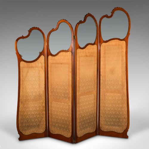 6' 6'' TALL ANTIQUE PRIVACY SCREEN FRENCH WALNUT GLASS ART NOUVEAU VICTORIAN - ADDITIONAL PHOTO 2