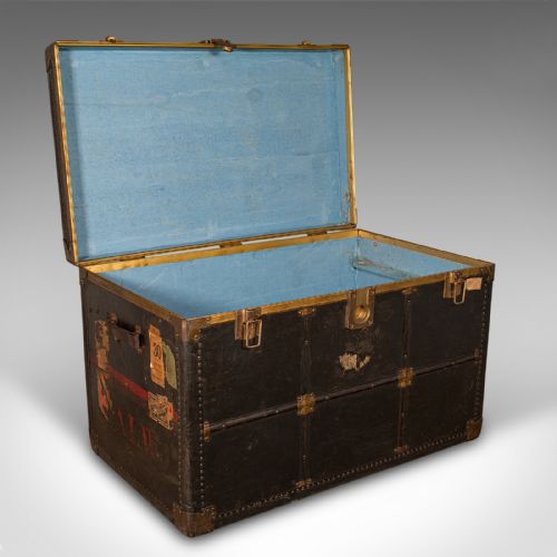 fig 1. Large Antique Steamer Trunk, American, Leather, Brass, Shipping Chest, Edwardian