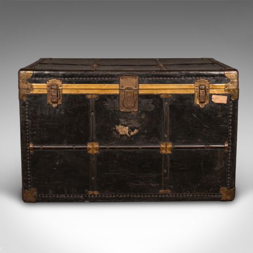 fig 2. Large Antique Steamer Trunk, American, Leather, Brass, Shipping Chest, Edwardian