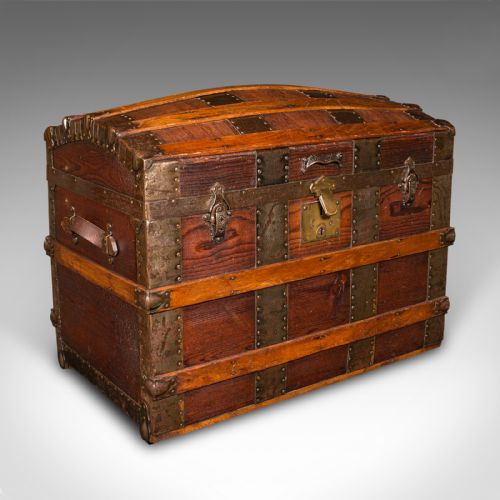 Antique Dome Topped Chest, English, Pine, Shipping Trunk, Victorian, Circa 1870