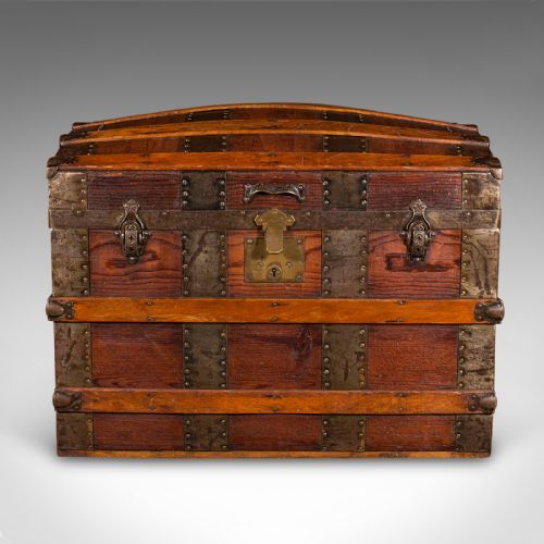 fig 2. Antique Dome Topped Chest, English, Pine, Shipping Trunk, Victorian, Circa 1870