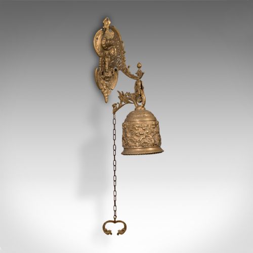 fig 1. Antique School Bell, Continental, Brass, Wall Mounted Chime, Ornate, Victorian