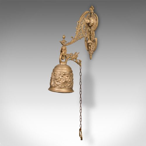 fig 2. Antique School Bell, Continental, Brass, Wall Mounted Chime, Ornate, Victorian