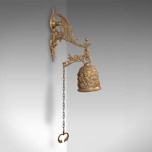 fig 4. Antique School Bell, Continental, Brass, Wall Mounted Chime, Ornate, Victorian