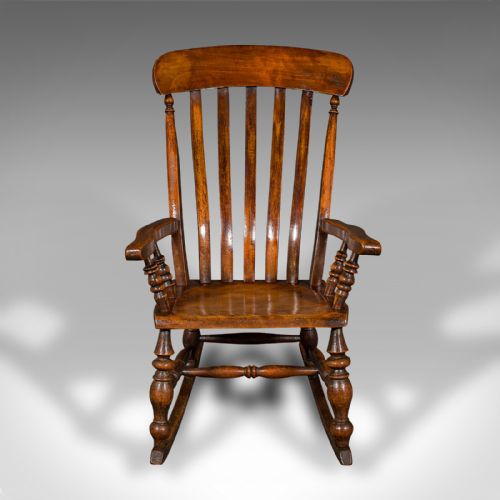 fig 1. Antique Lath Back Rocking Chair, English Elm, Beech, Elbow Seat, Victorian, 1880